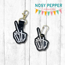 Load image into Gallery viewer, Middle Finger Skeleton snap tab and eyelet fob machine embroidery file (single and multi files included) DIGITAL DOWNLOAD