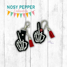 Load image into Gallery viewer, Middle Finger Skeleton snap tab and eyelet fob machine embroidery file (single and multi files included) DIGITAL DOWNLOAD