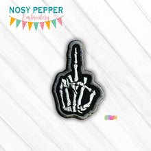 Load image into Gallery viewer, Middle Finger Skeleton patch machine embroidery design (2 sizes included) DIGITAL DOWNLOAD