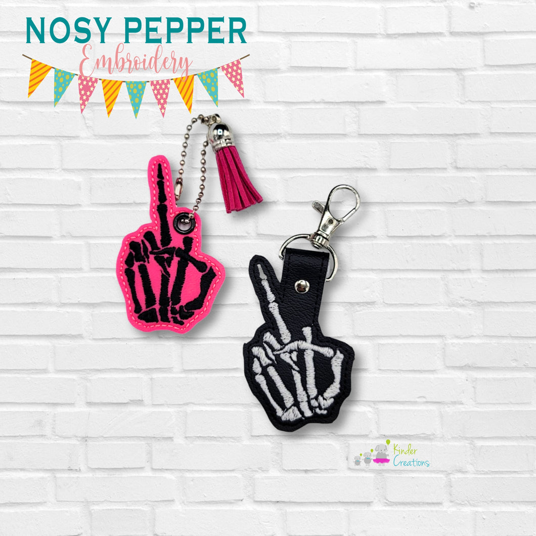 Middle Finger Skeleton snap tab and eyelet fob machine embroidery file (single and multi files included) DIGITAL DOWNLOAD