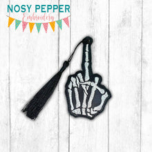 Load image into Gallery viewer, Middle Finger Skeleton bookmark machine embroidery file DIGITAL DOWNLOAD