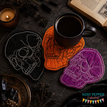 Load image into Gallery viewer, Skull ITH Mug rug envelope machine embroidery design (5 sizes included) DIGITAL DOWNLOAD