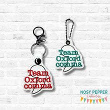Load image into Gallery viewer, Team Oxford Comma snap tab and eyelet fob set (single and multi files included) machine embroidery design DIGITAL DOWNLOAD