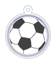 Load image into Gallery viewer, Soccer Applique Shaker snap tab and eyelet fob machine embroidery file (single and multi files included) DIGITAL DOWNLOAD