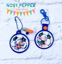 Load image into Gallery viewer, Soccer Applique Shaker snap tab and eyelet fob machine embroidery file (single and multi files included) DIGITAL DOWNLOAD