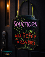 Load image into Gallery viewer, Zombie No Soliciting ITH Sign Embroidery Design – Funny Door Hanger (4 Sizes)