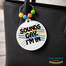 Load image into Gallery viewer, Sounds Gay bag tag/ornament/bookmark machine embroidery design DIGITAL DOWNLOAD