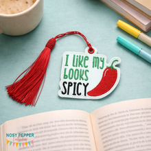 Load image into Gallery viewer, I Like My Books Spicy bookmark/bag tag/ornament machine embroidery file DIGITAL DOWNLOAD