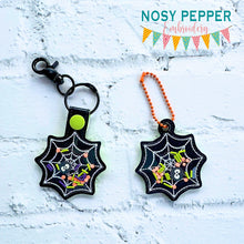 Load image into Gallery viewer, Spider Web Shaker snap tab and eyelet fob machine embroidery file (single and multi files included) DIGITAL DOWNLOAD