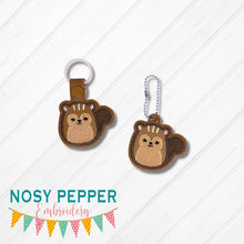 Load image into Gallery viewer, Squirrel Squishy snap tab and eyelet fob machine embroidery file (single and multi files included) DIGITAL DOWNLOAD