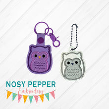 Load image into Gallery viewer, Squishy Owl snap tab and eyelet fob machine embroidery file (single and multi files included) DIGITAL DOWNLOAD
