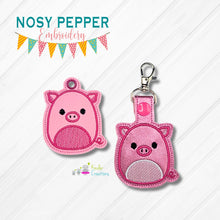 Load image into Gallery viewer, Squishy Pig snap tab and eyelet fob machine embroidery file (single and multi files included) DIGITAL DOWNLOAD