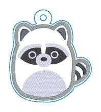 Load image into Gallery viewer, Squishy Raccoon snap tab and eyelet fob machine embroidery file (single and multi files included) DIGITAL DOWNLOAD