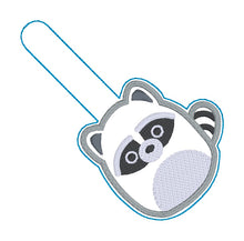 Load image into Gallery viewer, Squishy Raccoon snap tab and eyelet fob machine embroidery file (single and multi files included) DIGITAL DOWNLOAD