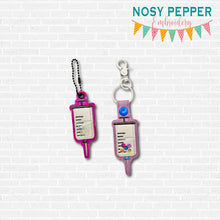 Load image into Gallery viewer, Syringe applique shaker snap tab and eyelet fob machine embroidery file (single and multi files included) DIGITAL DOWNLOAD