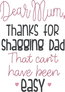 Thanks For Shagging (4 sizes and US & UK versions included) machine embroidery design  DIGITAL DOWNLOAD