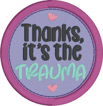 Load image into Gallery viewer, Thanks Trama patch machine embroidery design (2 sizes included) DIGITAL DOWNLOAD