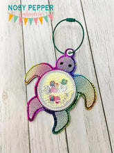 Load image into Gallery viewer, Turtle applique shaker bookmark/ornament/bag tag machine embroidery design DIGITAL DOWNLOAD