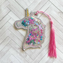 Load image into Gallery viewer, Unicorn Applique Shaker bookmark/bag tag/ornament machine embroidery file DIGITAL DOWNLOAD