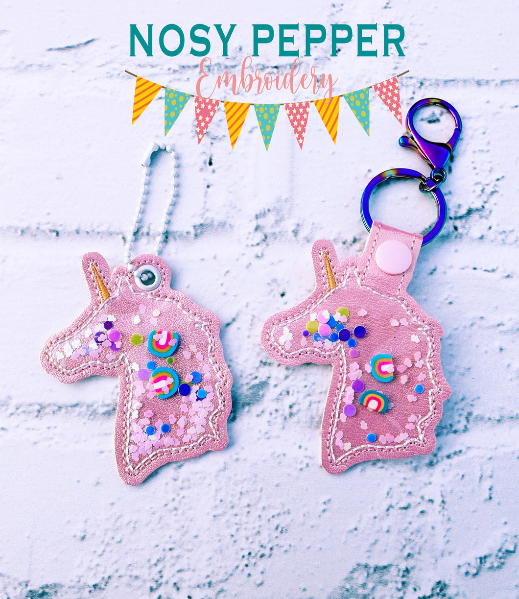 Unicorn Shaker snap tab and eyelet fob machine embroidery file (single and multi files included) DIGITAL DOWNLOAD