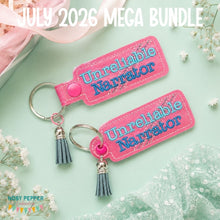 Load image into Gallery viewer, Unreliable Narrator snap tab and eyelet fob set (single and multi files included) machine embroidery design DIGITAL DOWNLOAD