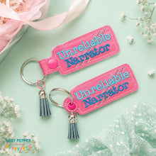 Load image into Gallery viewer, Unreliable Narrator snap tab and eyelet fob set (single and multi files included) machine embroidery design DIGITAL DOWNLOAD