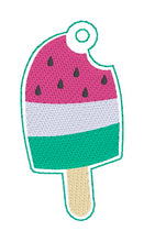 Load image into Gallery viewer, Watermelon popsicle snap tab and eyelet fob machine embroidery file (single and multi files included) DIGITAL DOWNLOAD