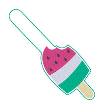 Load image into Gallery viewer, Watermelon popsicle snap tab and eyelet fob machine embroidery file (single and multi files included) DIGITAL DOWNLOAD