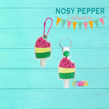 Load image into Gallery viewer, Watermelon popsicle snap tab and eyelet fob machine embroidery file (single and multi files included) DIGITAL DOWNLOAD