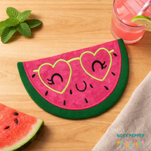 Load image into Gallery viewer, Watermelon Glasses mug rug machine embroidery design 2024 SKILL BUILDER BUNDLE (4 sizes and 2 versions included) DIGITAL DOWNLOAD
