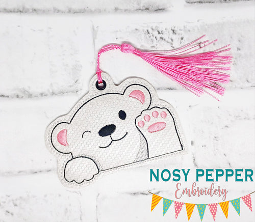 Waving Bear bookmark/ornament/bag tag machine embroidery design DIGITAL DOWNLOAD