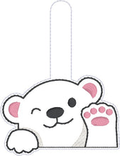 Load image into Gallery viewer, Waving Bear snap tab and eyelet fob April 2024 Patreon Bundle machine embroidery file (single and multi files included)