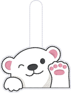 Waving Bear snap tab and eyelet fob April 2024 Patreon Bundle machine embroidery file (single and multi files included)