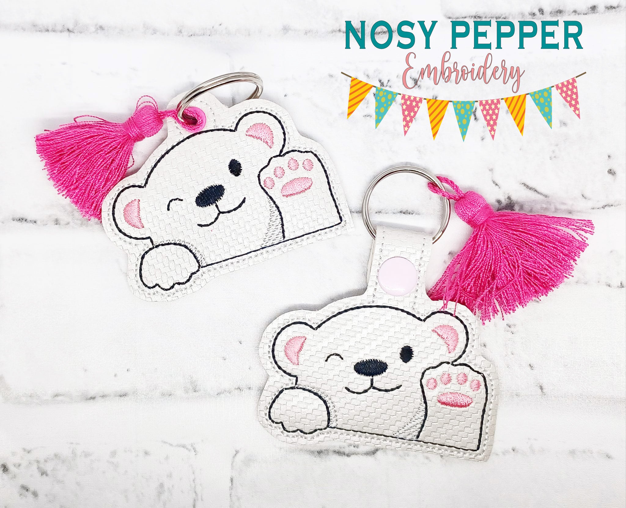 Waving Bear snap tab and eyelet fob machine embroidery file (Patreon A ...