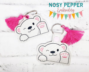 Waving Bear snap tab and eyelet fob machine embroidery file (single and multi files included) DIGITAL DOWNLOAD