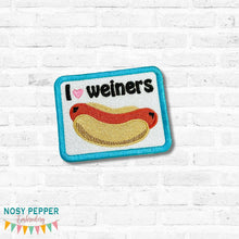Load image into Gallery viewer, I Heart Weiners patch (2 sizes included) machine embroidery design DIGITAL DOWNLOAD