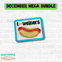 Load image into Gallery viewer, I Heart Weiners patch (2 sizes included) machine embroidery design DIGITAL DOWNLOAD