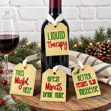 Load image into Gallery viewer, Holiday wine tags (set of 4 designs) machine embroidery design DIGITAL DOWNLOAD