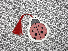 Load image into Gallery viewer, Lady Bug Bookmark/ornament (sketchy fill and applique versions included) machine embroidery design DIGITAL DOWNLOAD