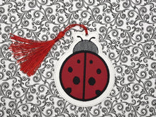 Load image into Gallery viewer, Lady Bug Bookmark/ornament (sketchy fill and applique versions included) machine embroidery design DIGITAL DOWNLOAD