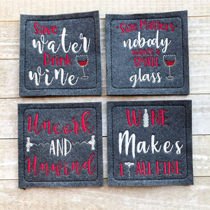 Wine Coaster Set of 4 designs 4x4 machine embroidery design DIGITAL DOWNLOAD