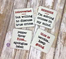 Load image into Gallery viewer, True Crime coaster set of 4 designs 4x4 machine embroidery design DIGITAL DOWNLOAD