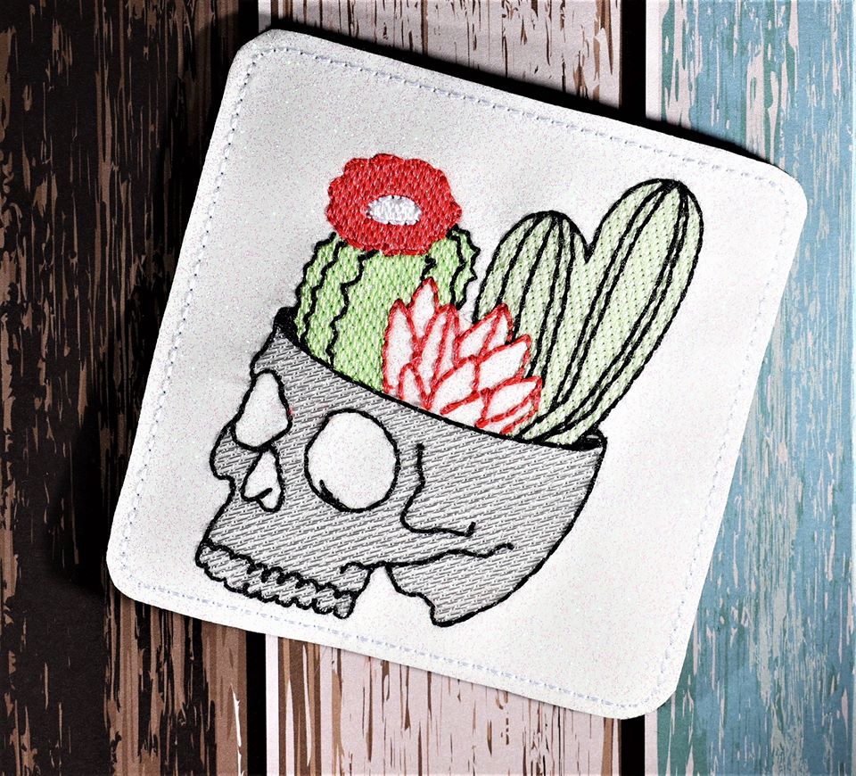 Cactus Skull Coaster Sketchy 4x4 machine embroidery design DIGITAL DOWNLOAD