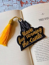 Load image into Gallery viewer, Have fun storming the castle bookmark/ornament 4x4 machine embroidery design DIGITAL DOWNLOAD