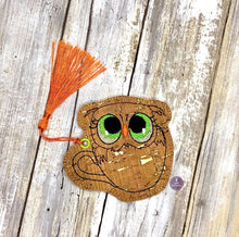 Load image into Gallery viewer, Cute Owl in coffee mug bookmark 4x4 machine embroidery design DIGITAL DOWNLOAD