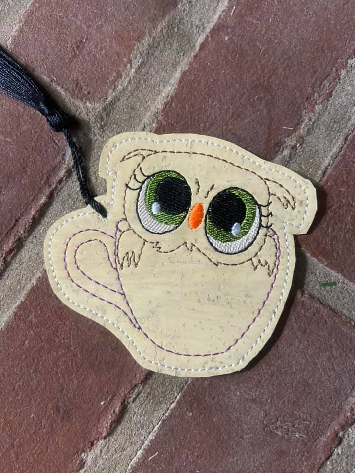 Cute Owl in coffee mug bookmark 4x4 machine embroidery design DIGITAL DOWNLOAD