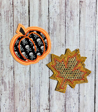 Load image into Gallery viewer, Leaf and Pumpkin Applique Coaster Set 4x4 machine embroidery design DIGITAL DOWNLOAD