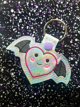Load image into Gallery viewer, Heart Bat Snap tab machine embroidery design DIGITAL DOWNLOAD