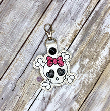 Load image into Gallery viewer, Bow Skull Snap tab (single and multi files included) machine embroidery design DIGITAL DOWNLOAD