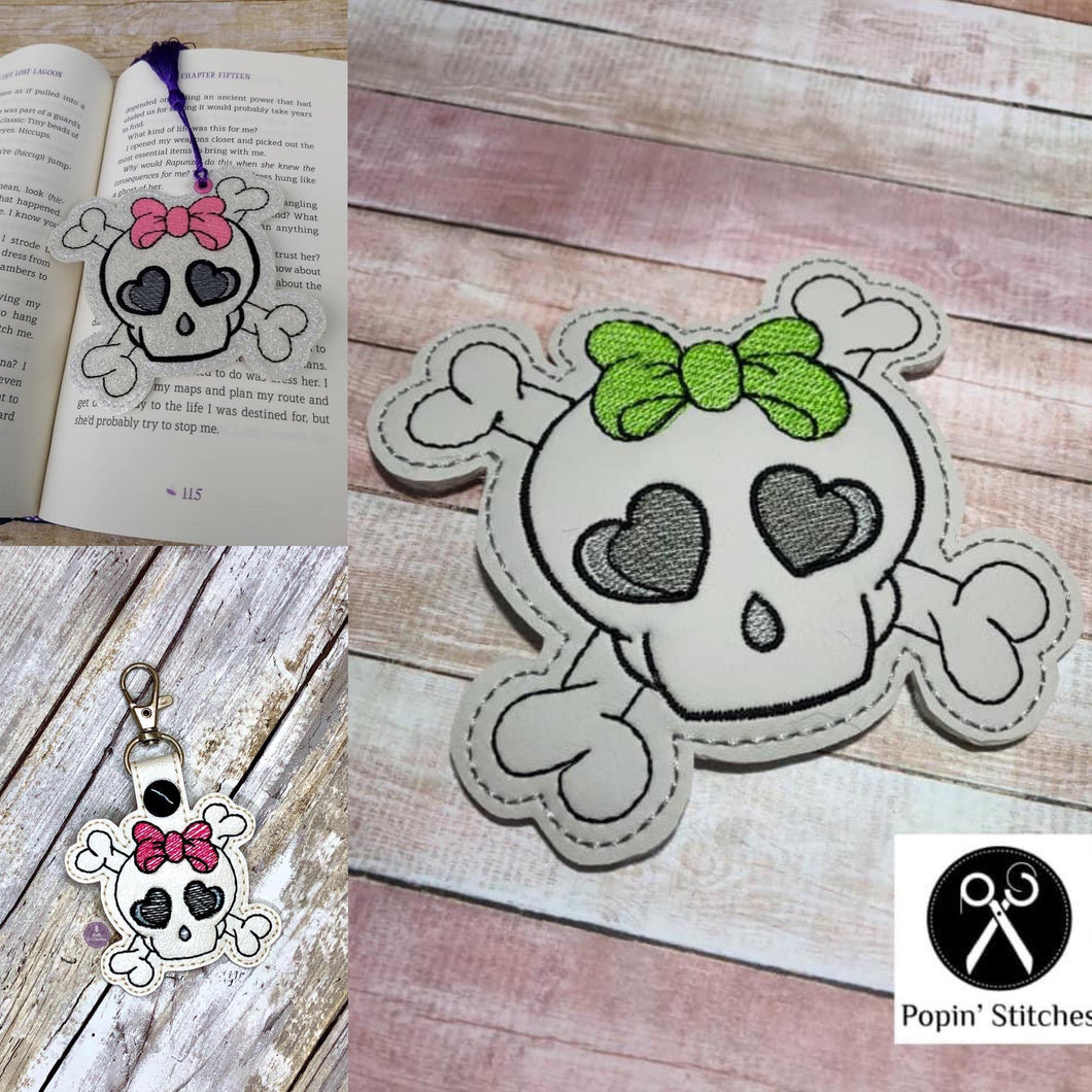 Bow Skull Design set (snap tab, bookmark and coaster) machine embroidery design DIGITAL DOWNLOAD